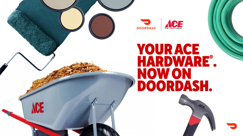 A graphic with a wheelbarrow, paint, and a hammer referencing DoorDash's new partnership with Ace Hardware