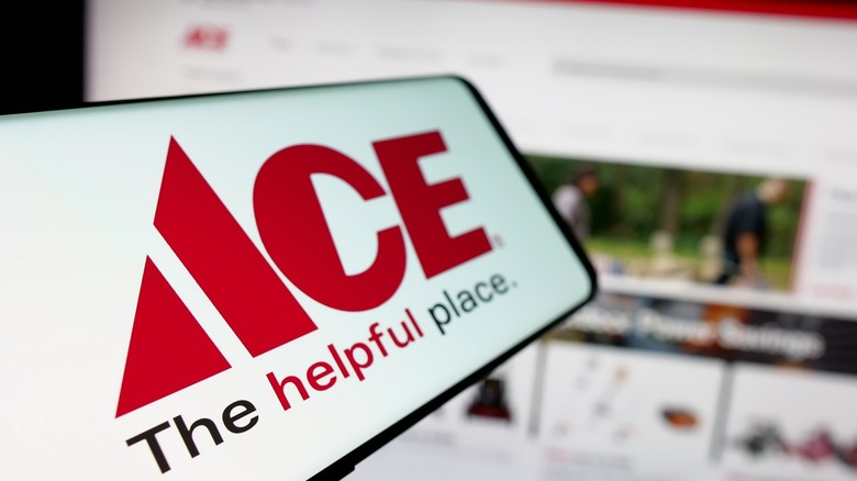 a person holding a cellphone with the ace hardware logo in front of a laptop opened to the ace hardware page