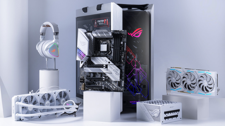 Various computer components on display before assembly