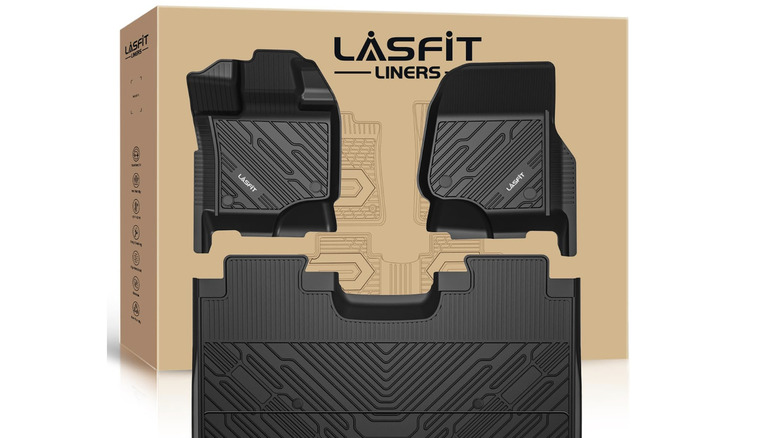 Lasfit three-piece floor mat set shown with box
