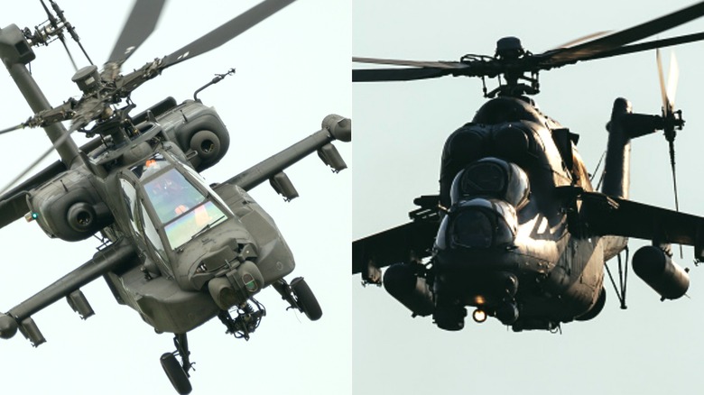AH-64 and Mi-24 Hind in flight