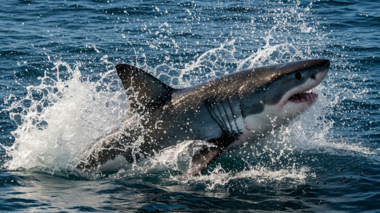 A Great White Shark breaching the surface of the water