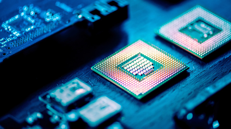 Close-up of computer microchips on a circuit board.