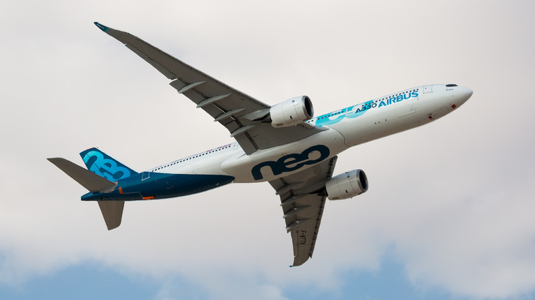 An Airbus A330 in Neo livery shortly after take-off