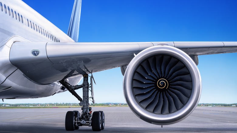 The jet engine of an commercial airplane