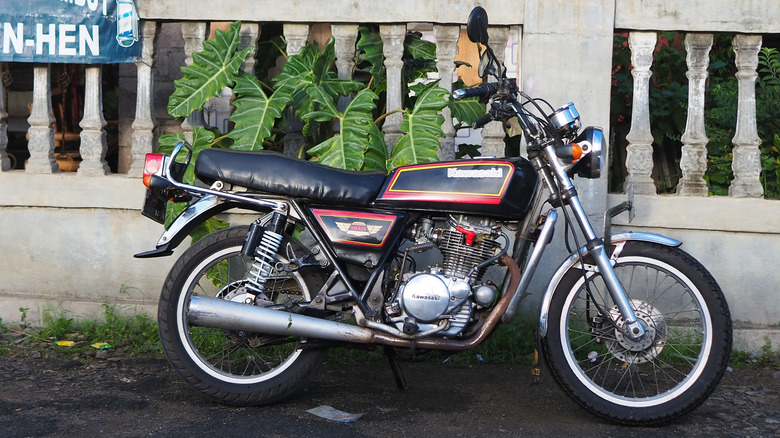 Vintage Kawasaki motorcycle with air-cooled engine