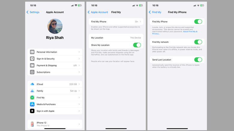 Find My option in iPhone Settings app