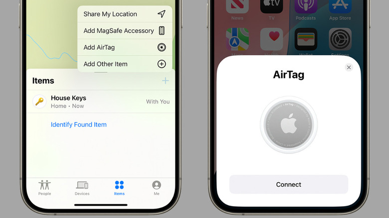 AirTag in Find My app on iPhone and AirTag connection prompt