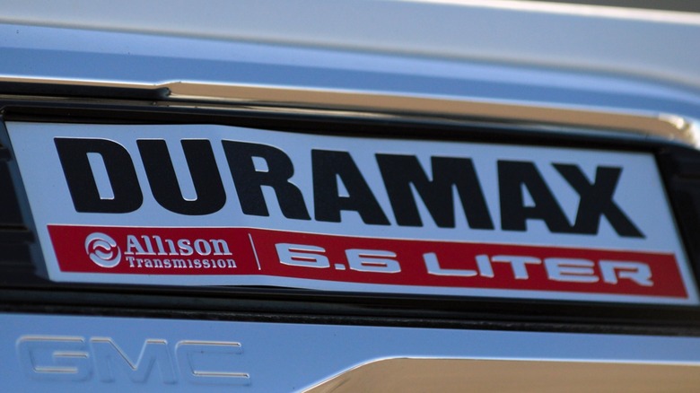 The Duramax and Allison badge in a heavy-duty GM truck.