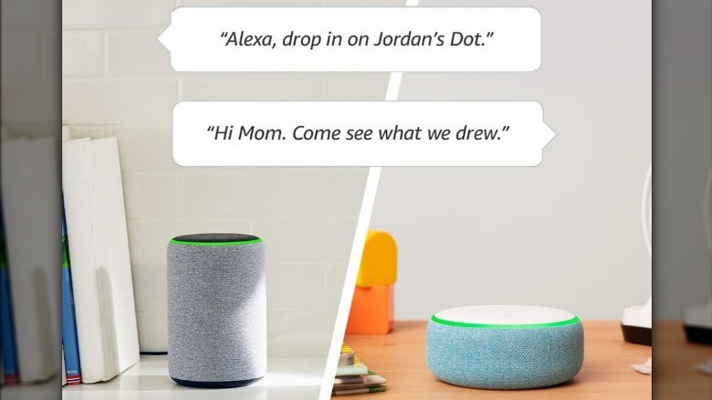 Two Amazon Echo speakers with chat bubbles using Drop In