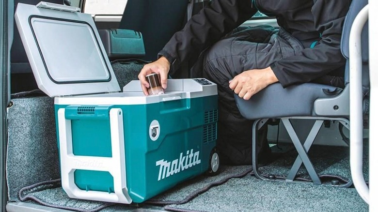 Makita smart cooler being used in a camper