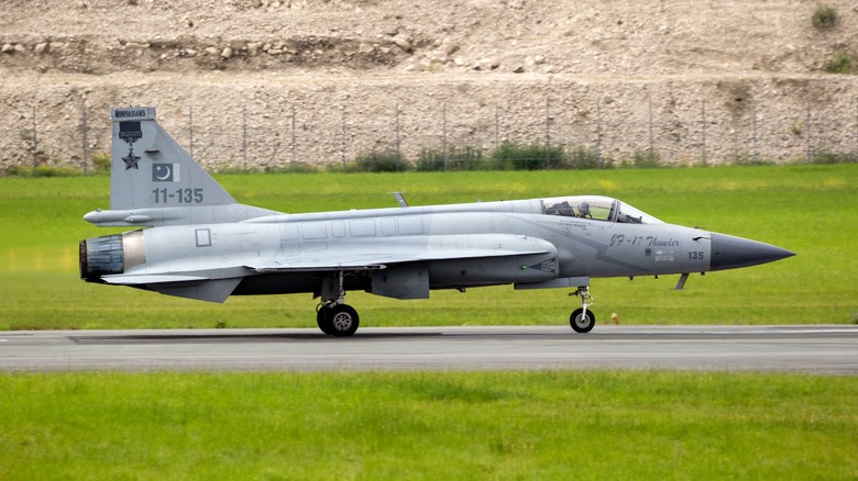 Pakistan Air Force PAC JF-17 Thunder fighter jet taking off from Le Bourget Airport.