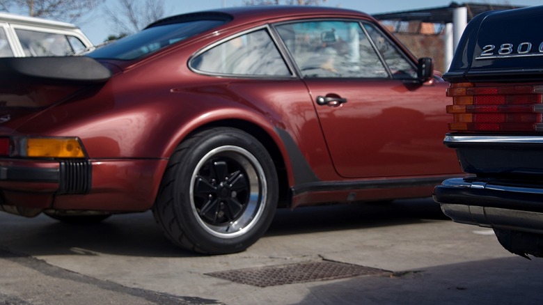 A close shot of a red car