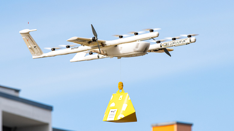 Wing's delivery drone with a package.