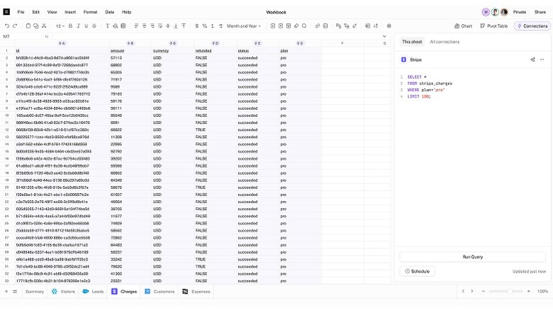 Screenshot of a spreadsheet on Equals wih the SQL functionality being used