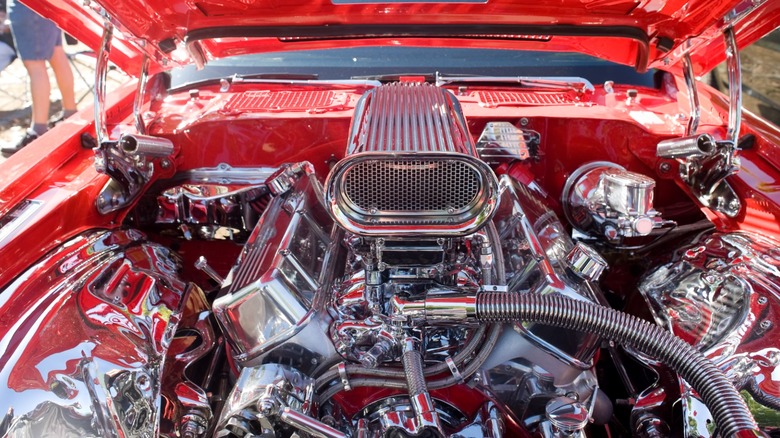 A powerful V8 engine in a customized show car.