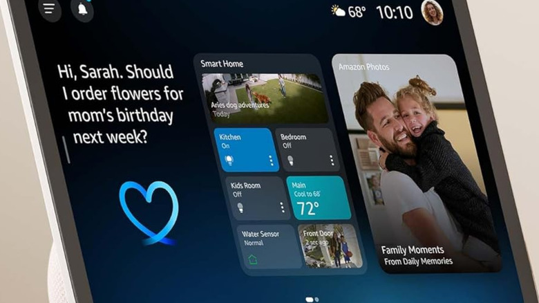 An Amazon Echo Show showing a picture of a father and child and other menu options.