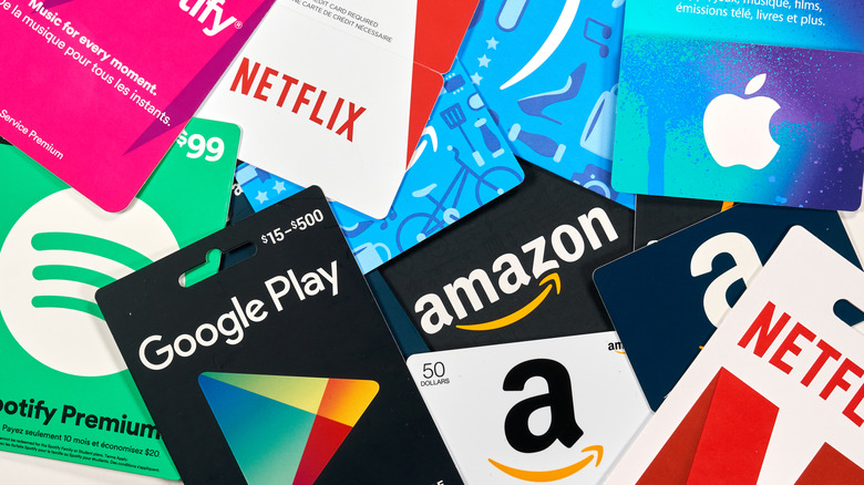 Different gift cards of brands like Spotify, Netflix, Apple, Google Play and Amazon