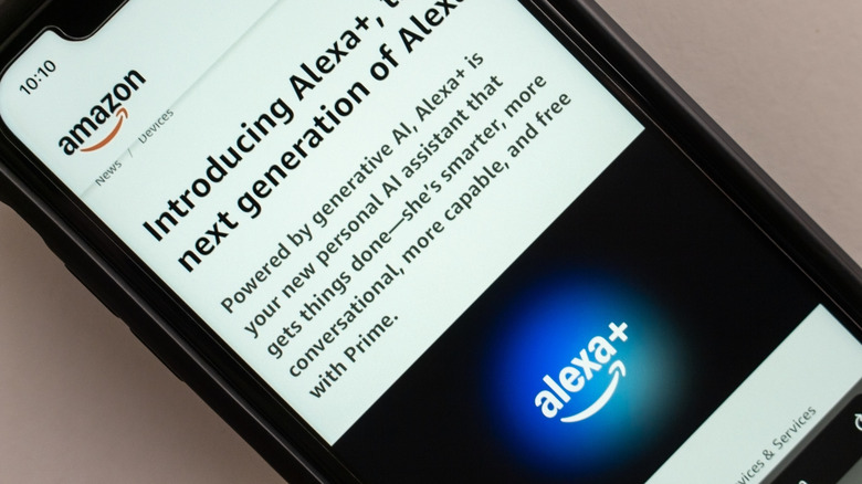 Close-up cropped image of a smartphone showing a News story from Amazon. The headline says "Introducing Alexa+, the next generation of Alexa'. There is a picture of the alexa+ logo under the subheading.