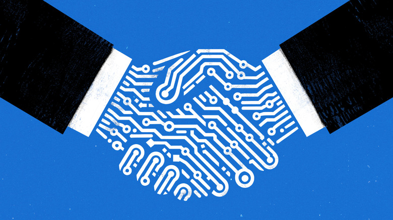 An illustration of two hands coming together in a handshake. The hands and forearms are composed of circuit board patterns, with lines and dots symbolizing electronic connections.