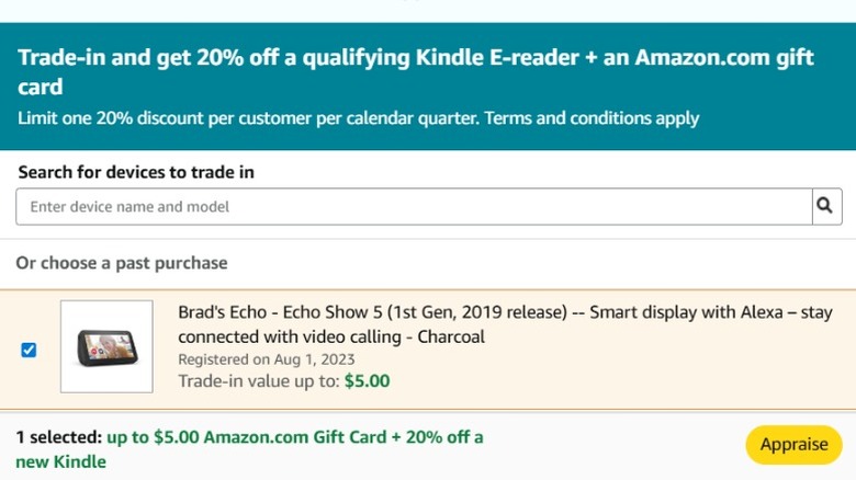 Trade-in screen on Amazon