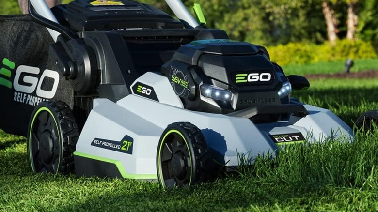 Cose up of Ego Power+ Self-Propelled Electric Lawn Mower on grass