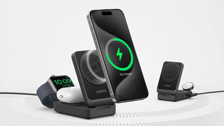 Apple devices being charged using the Anker MagGo 3-in-1 Charging Station