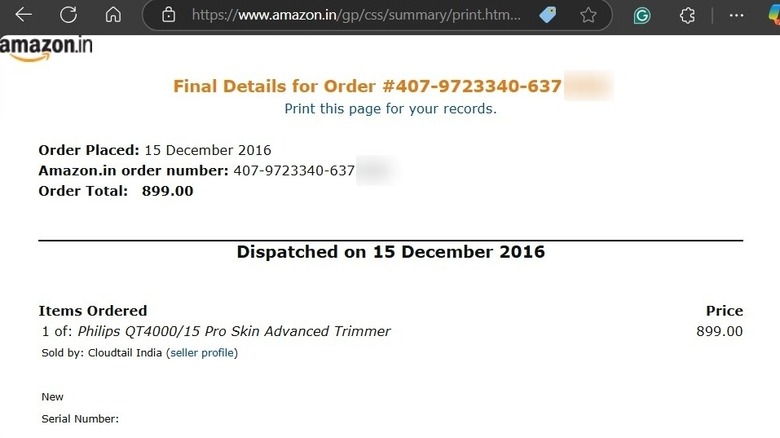 Amazon order receipt with print option in browser