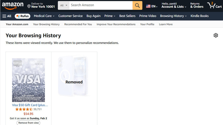 An Amazon browsing history page showing the option to remove items from view