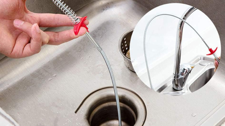 A picture-in-picture montage of a Kitevich pick-up tool used on a kitchen sink.