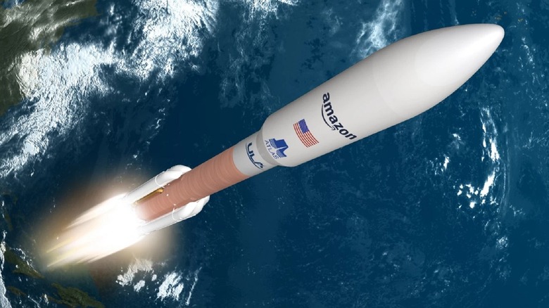 Rocket with Amazon logo and U.S. flag blasting into outer space.