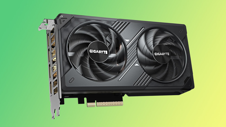 A Gigabyte GeForce RTX 5060 Windforce OC GPU over a green background