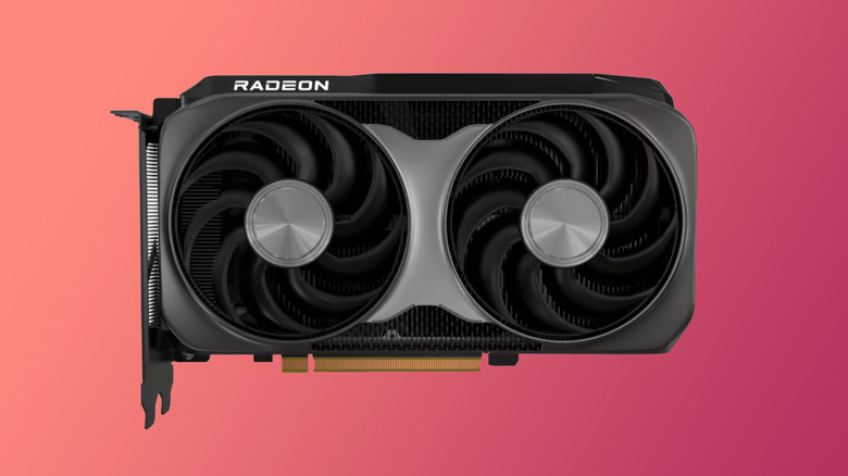An AMD Radeon RX 9060 XT graphics card over a red gradient background
