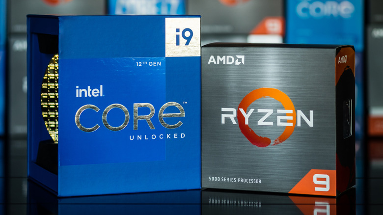 A static image of an Intel i9 12th gen CPU next to an AMD Ryzen 9 5000 series processor.
