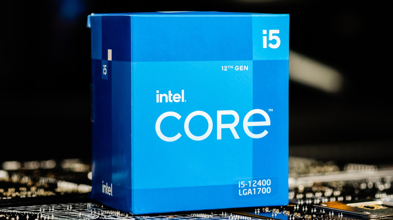 An Intel Alder Lake Core i5 12400 CPU chip in its box.