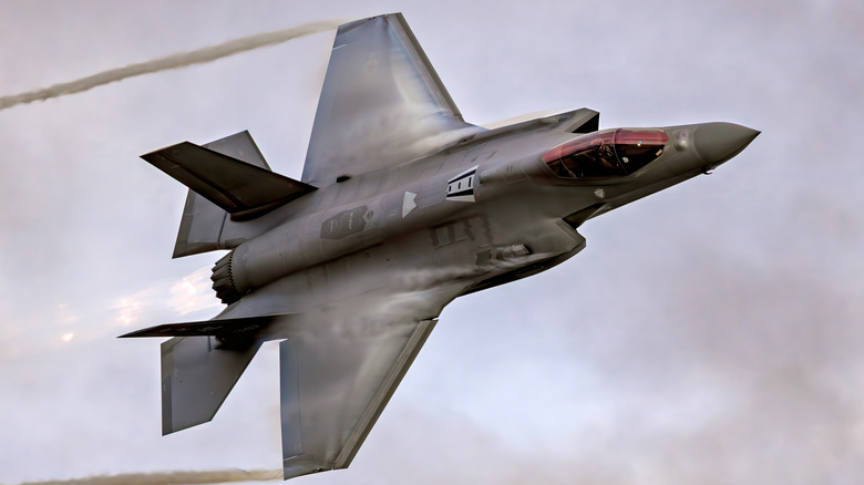 An F-35 jet against a gray sky.