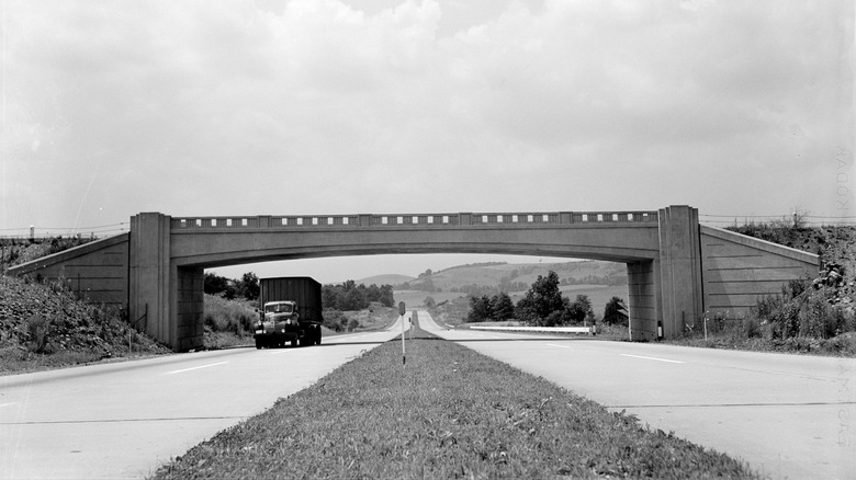 A view of the Pennsylvania Turnpike at an overpass from July 1942.