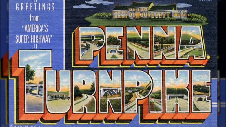 A "Greetings from 'America's Super Highway' Pennsylvania Turnpike" postcard from 1941.