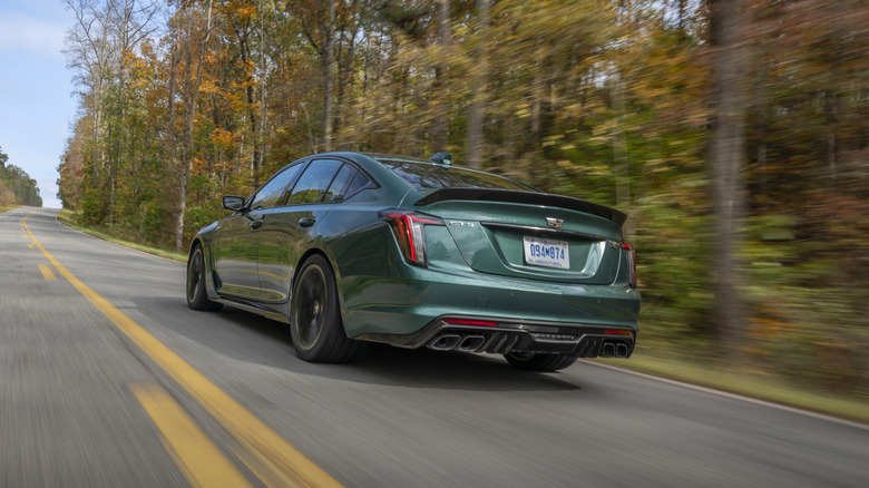A dark green Cadillac CT5-V Blackwing on the road, trees on the right, rear 3/4 view