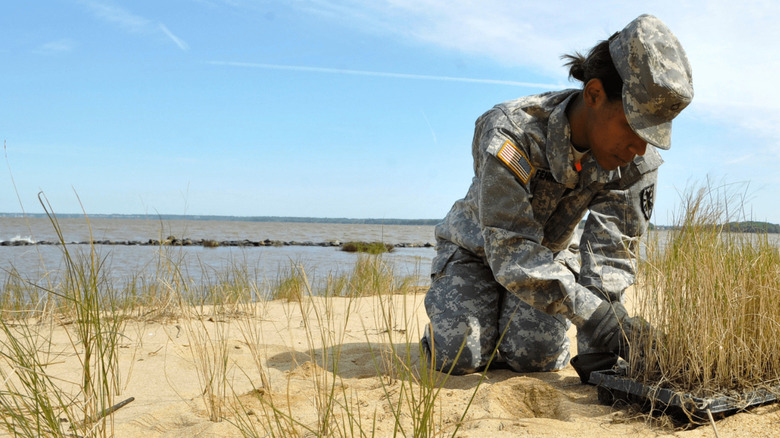 A USAF member plants grass to support birdlife breeding.