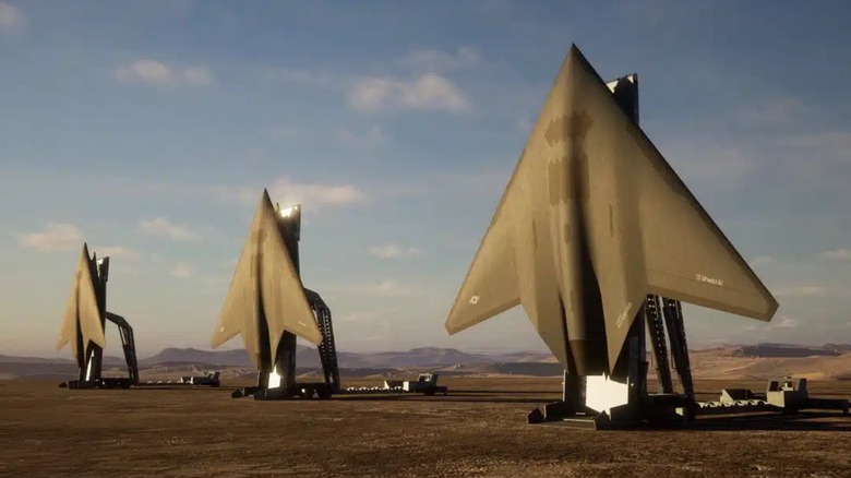 An artist's rendering of three Shield AI X-Bat autonomous drones