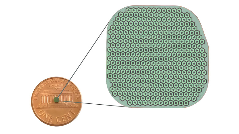 The 378 light-powered pixel PRIMA Implant size compared to the much bigger penny
