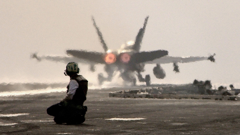 An F18 Super Hornet on the deck of the USS Harry S. Truman