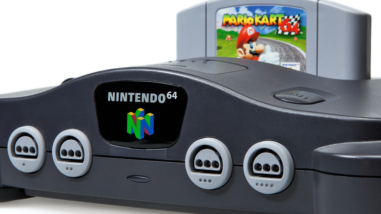 N64 close-up with Mario Kart 64 inserted