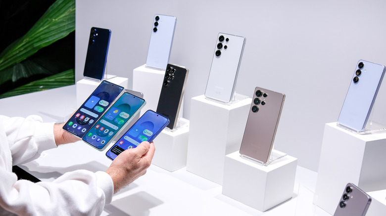 Samsung smartphones on display at a store