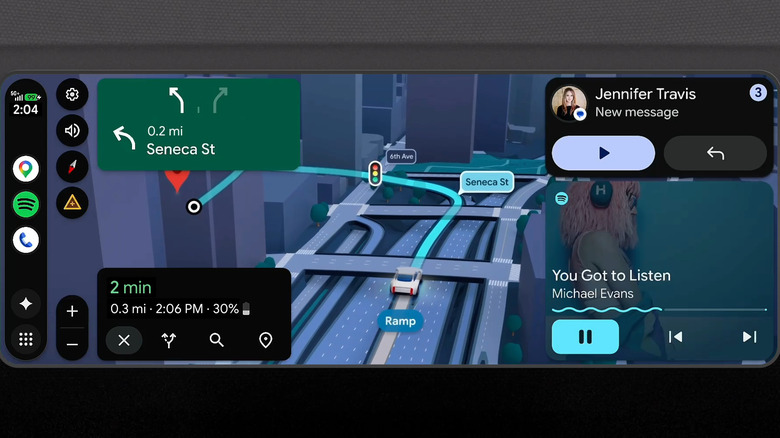 New Android Auto display showing navigation, messages, and music.