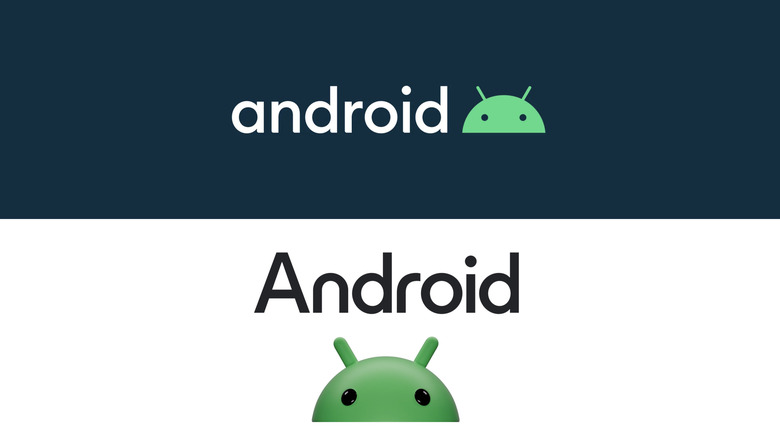 2019 Android logo on dark blue background above updated 2023 Android logo on white background