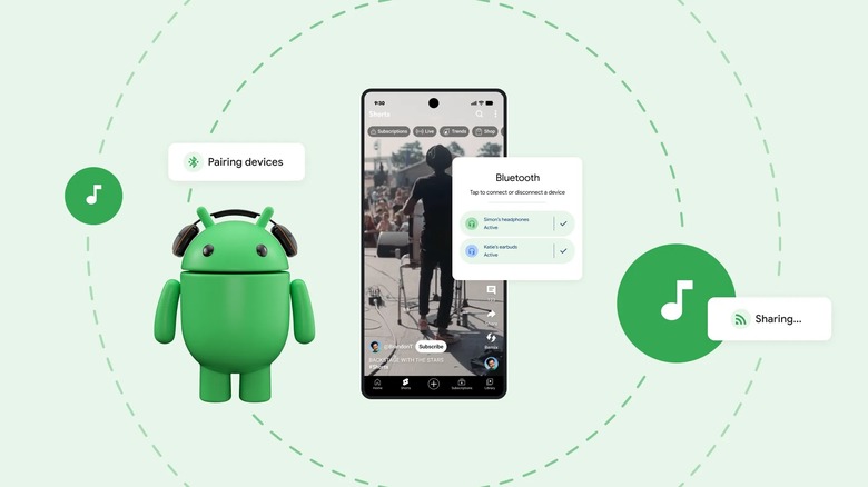 Graphic showing Android audio sharing features