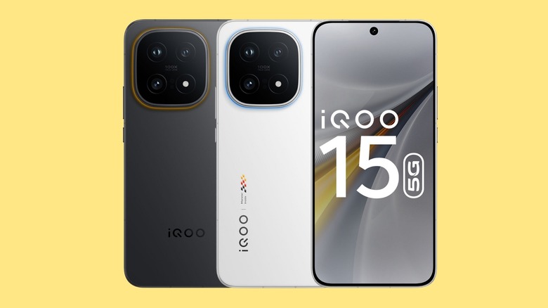 The latest iQOO 15 smartphone in two colors shown from the front and back