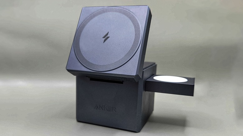 Anker's 3-in-1 cube with the MagSafe platform flipped up and watch charger extended